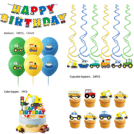 Construction Digger Theme Birthday Decoration Set featuring 13 banner flags, 18 balloons, 6 swirls, a large cake topper, and 24 small cake toppers. Perfect for construction-themed parties and birthdays in Auckland, NZ. Ideal for creating a festive and fun atmosphere