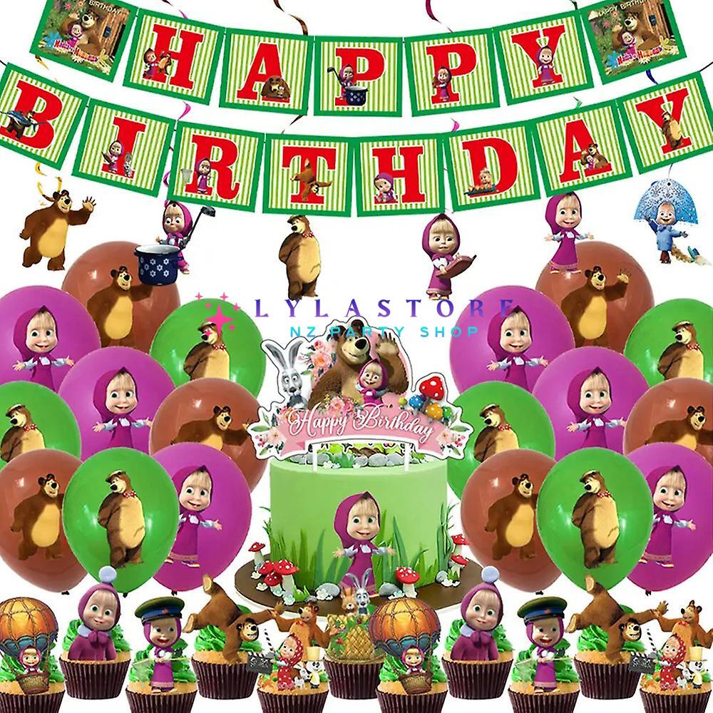 Masha The Bear Theme Party Balloon Birthday Decoration Set featuring a birthday banner, mini cake toppers, colorful balloons, a large cake topper, and Bear swirls. Perfect for Masha The Bear-themed parties and birthdays in Auckland, NZ