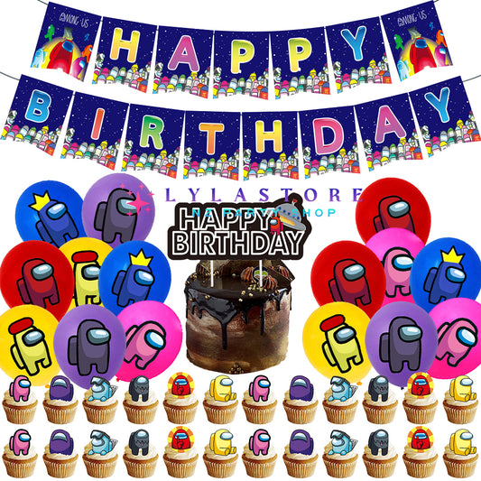 Among Us Theme Party Balloon Birthday Decoration Set featuring 15 banner flags, 15 balloons, a large cake topper, and 24 small cake toppers. Perfect for Among Us-themed parties and birthdays in Auckland, NZ. Create an intergalactic and fun atmosphere for your child's special day.