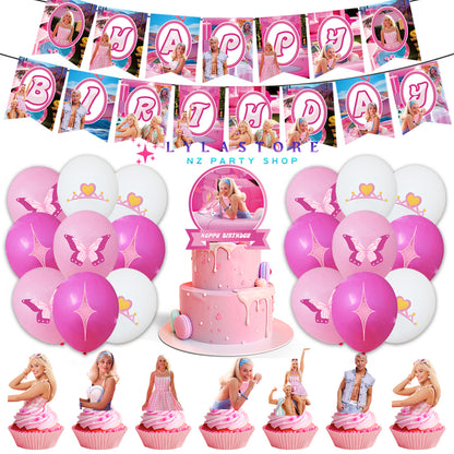 Barbie Theme Party Balloon Birthday Decoration Set featuring 15 banner flags, 18 balloons, a large cake topper, and 24 small cake toppers. Perfect for Barbie-themed parties and birthdays in Auckland, NZ. Create a magical and fun atmosphere for your child's special day.