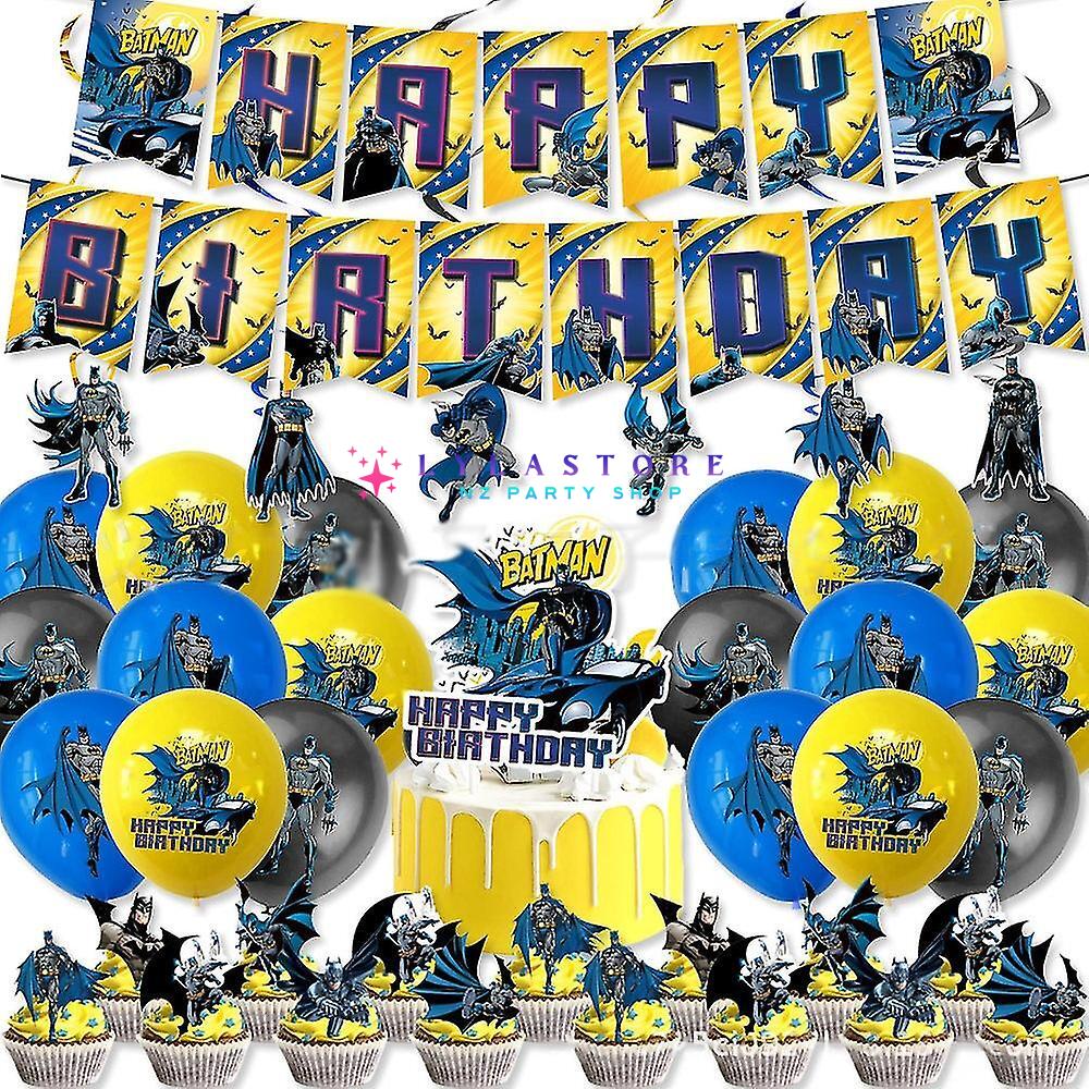 Batman Theme Party Balloon Birthday Decoration Set featuring 15 banner flags, 6 hanging swirls, 18 balloons, a large cake topper, and 24 small cake toppers. Perfect for Batman-themed parties and birthdays in Auckland, NZ. Create an exciting and heroic atmosphere for your child's special day