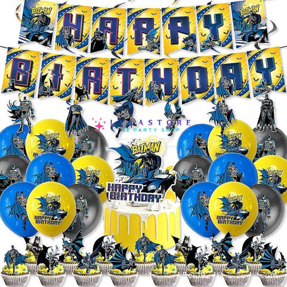 Batman Theme Party Balloon Birthday Decoration Set featuring 15 banner flags, 6 hanging swirls, 18 balloons, a large cake topper, and 24 small cake toppers. Perfect for Batman-themed parties and birthdays in Auckland, NZ. Create an exciting and heroic atmosphere for your child's special day