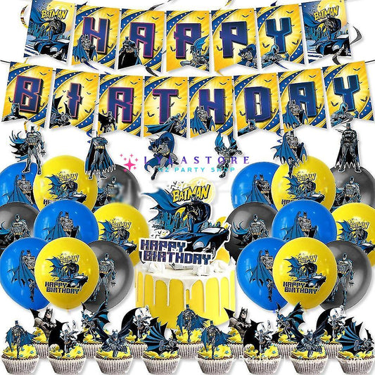 Batman Theme Party Balloon Birthday Decoration Set featuring 15 banner flags, 6 hanging swirls, 18 balloons, a large cake topper, and 24 small cake toppers. Perfect for Batman-themed parties and birthdays in Auckland, NZ. Create an exciting and heroic atmosphere for your child's special day