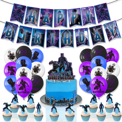 Black Panther Avengers Theme Party Balloon Birthday Decoration Set featuring a birthday banner, mini cake toppers, dynamic balloons, a large cake topper, adhesive sheet, and coil. Perfect for Black Panther-themed parties and birthdays in Auckland, NZ