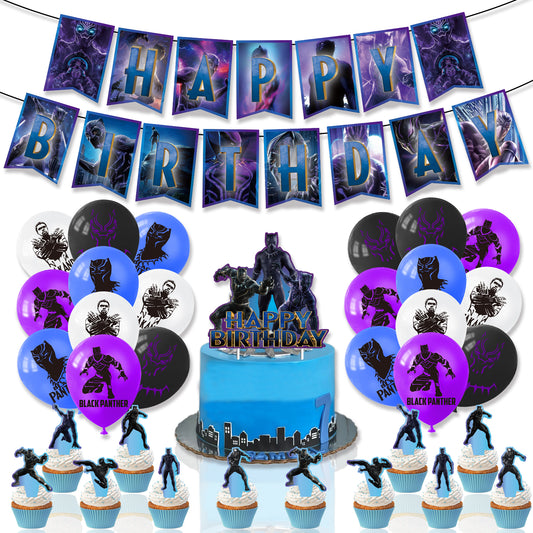 Black Panther Avengers Theme Party Balloon Birthday Decoration Set featuring a birthday banner, mini cake toppers, dynamic balloons, a large cake topper, adhesive sheet, and coil. Perfect for Black Panther-themed parties and birthdays in Auckland, NZ