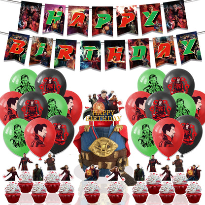 Doctor Strange Theme Party Balloon Birthday Decoration Set featuring a birthday banner, mini cake toppers, enchanting balloons, a large cake topper, adhesive sheet, and coil. Perfect for Doctor Strange-themed parties and birthdays in Auckland, NZ