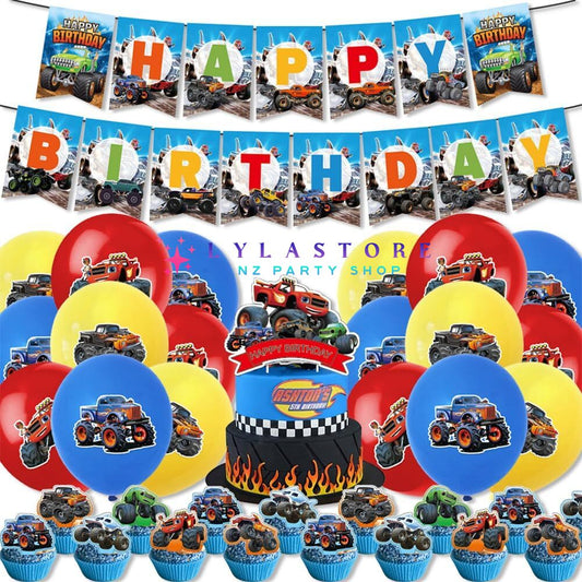 Bigfoot Monster Truck Theme Party Balloon Birthday Decoration Set featuring 15 banner flags, 18 balloons, a large cake topper, and 24 small cake toppers. Perfect for monster truck-themed parties and birthdays in Auckland, NZ. Create an exciting and memorable atmosphere for your child's special day.