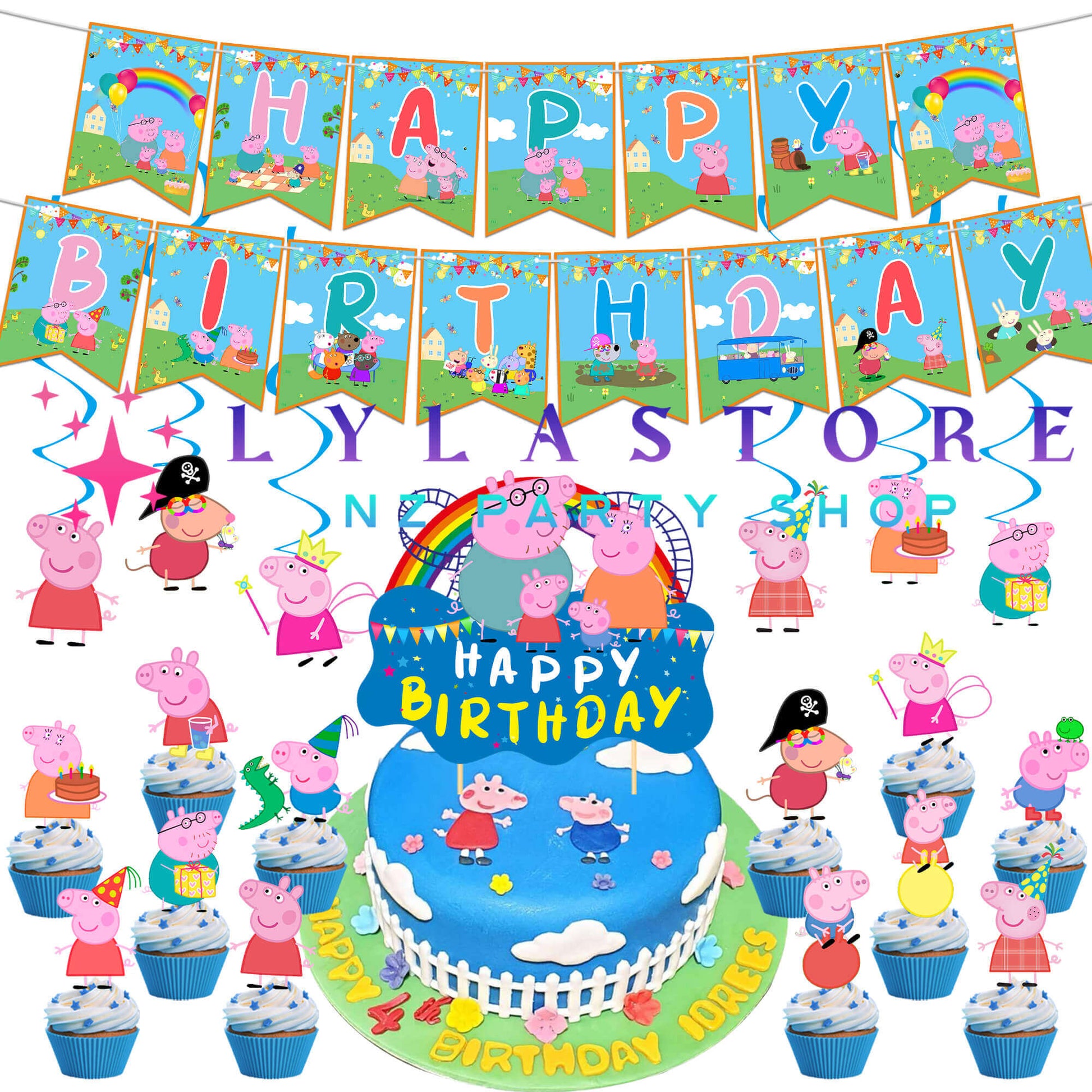 Peppa Pig Birthday Party Balloon Decoration Set - Includes Cupcake Toppers, Swirl Decorations, Cake Topper, and Birthday Banner - PARTYMART(LYLASTORE)