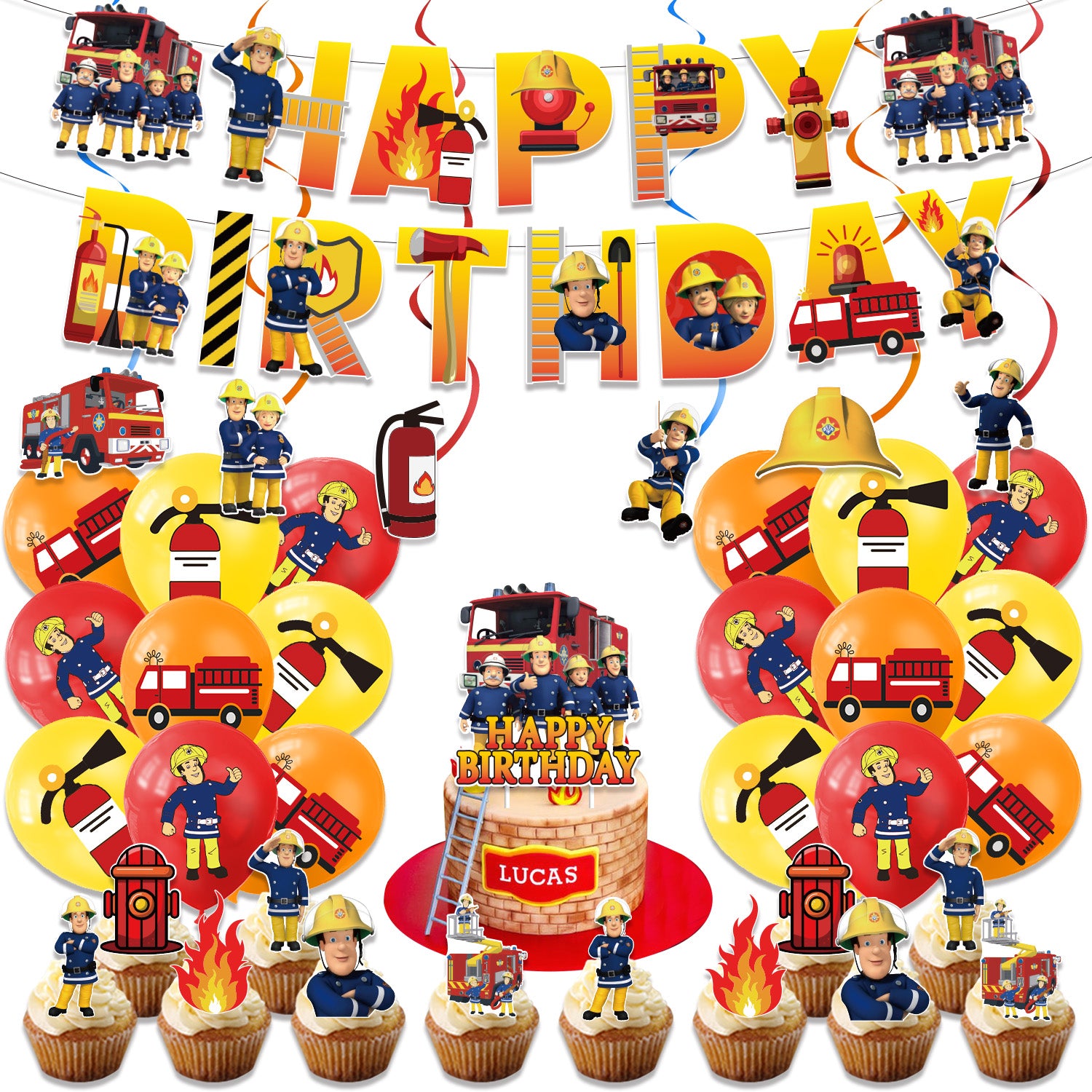 Fireman Sam Theme Party Balloon Birthday Decoration Set featuring a birthday banner, mini cake toppers, colorful balloons, a large cake topper, and spirals. Perfect for Fireman Sam-themed parties and birthdays in Auckland, NZ