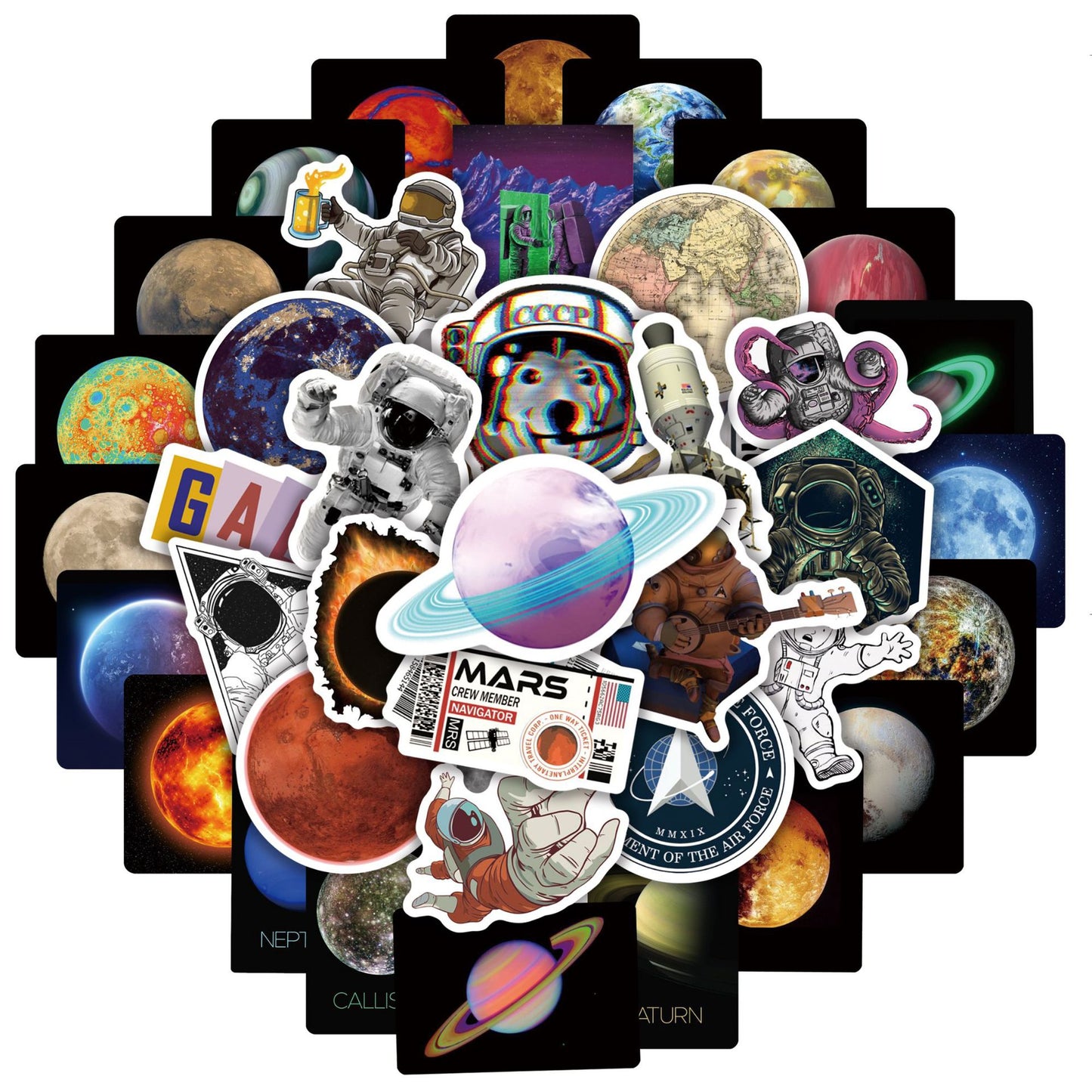 100Pcs Spaceman Sticker Set featuring vibrant, cosmic designs perfect for decorating laptops, water bottles, and notebooks - PARTYMART NZ.