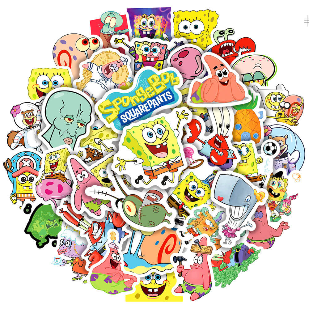 50Pcs SpongeBob SquarePants Sticker Set featuring vibrant, fun designs perfect for decorating laptops, water bottles, and notebooks - PARTYMART NZ.