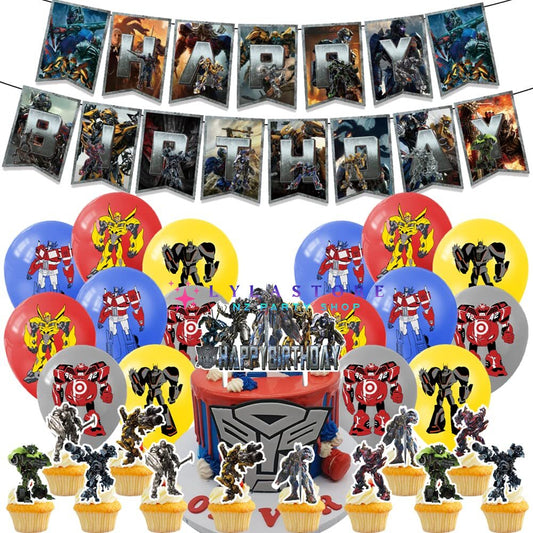 Transformers Theme Party Balloon Birthday Decoration Set featuring a birthday banner, mini cake toppers, vibrant balloons, a large cake topper, adhesive sheet, and coil. Perfect for Transformers-themed parties and birthdays in Auckland, NZ.