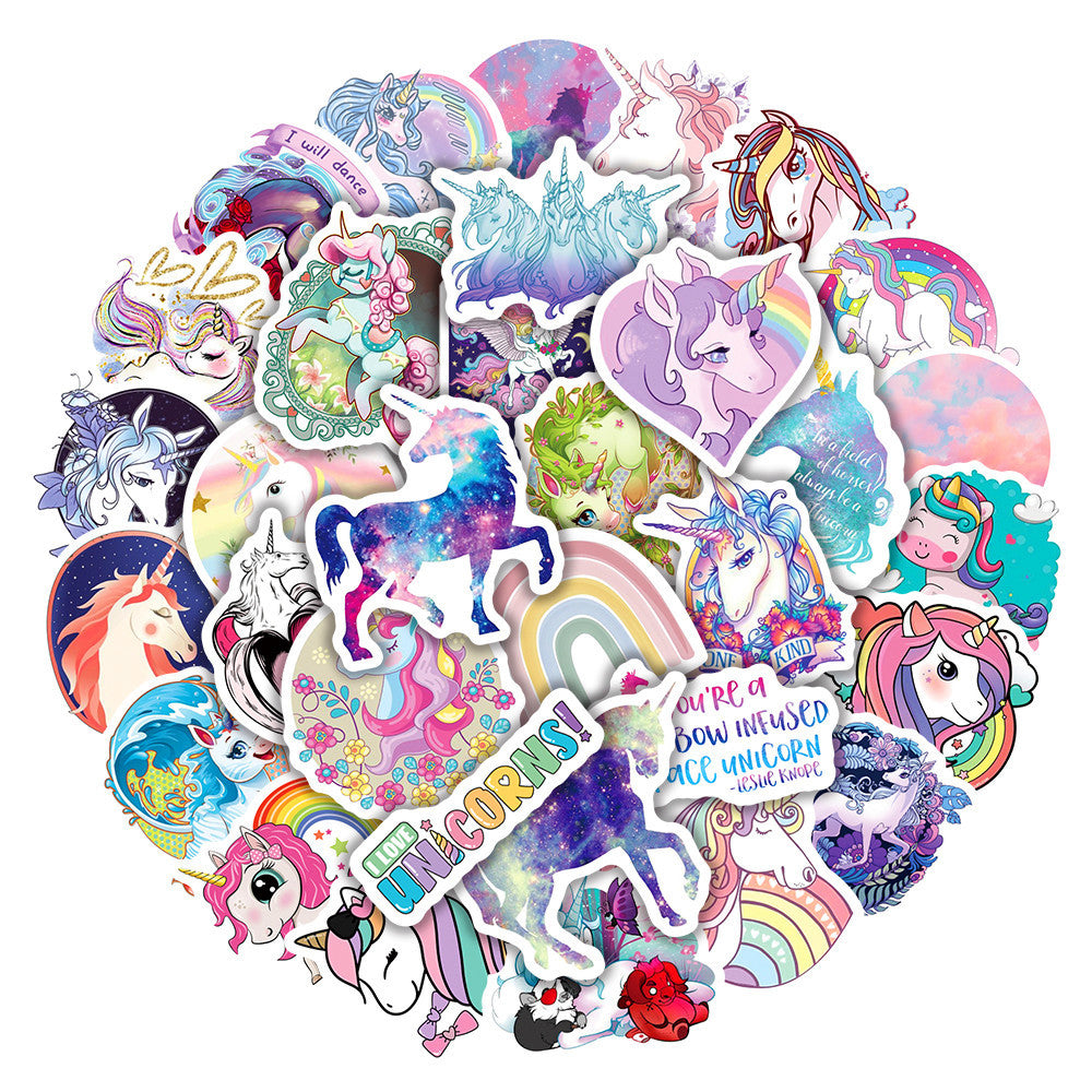 100Pcs Unicorn Cartoon Sticker Set featuring vibrant, whimsical designs perfect for decorating laptops, water bottles, and notebooks - PARTYMART NZ