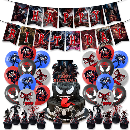 Venom Theme Party Balloon Birthday Decoration Set featuring a birthday banner, mini cake toppers, eye-catching balloons, a large cake topper, adhesive sheet, and coil. Perfect for Venom-themed parties and birthdays in Auckland, NZ