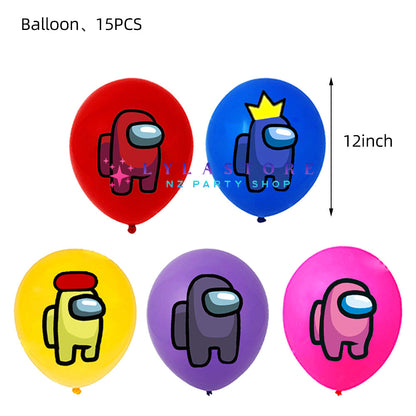 Among Us Theme Party Balloon Birthday Decoration Set featuring 15 banner flags, 15 balloons, a large cake topper, and 24 small cake toppers. Perfect for Among Us-themed parties and birthdays in Auckland, NZ. Create an intergalactic and fun atmosphere for your child's special day.