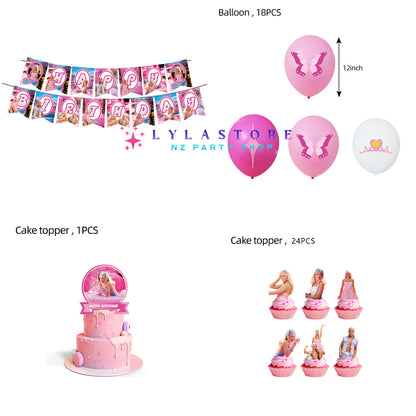 Barbie Theme Party Balloon Birthday Decoration Set featuring 15 banner flags, 18 balloons, a large cake topper, and 24 small cake toppers. Perfect for Barbie-themed parties and birthdays in Auckland, NZ. Create a magical and fun atmosphere for your child's special day.