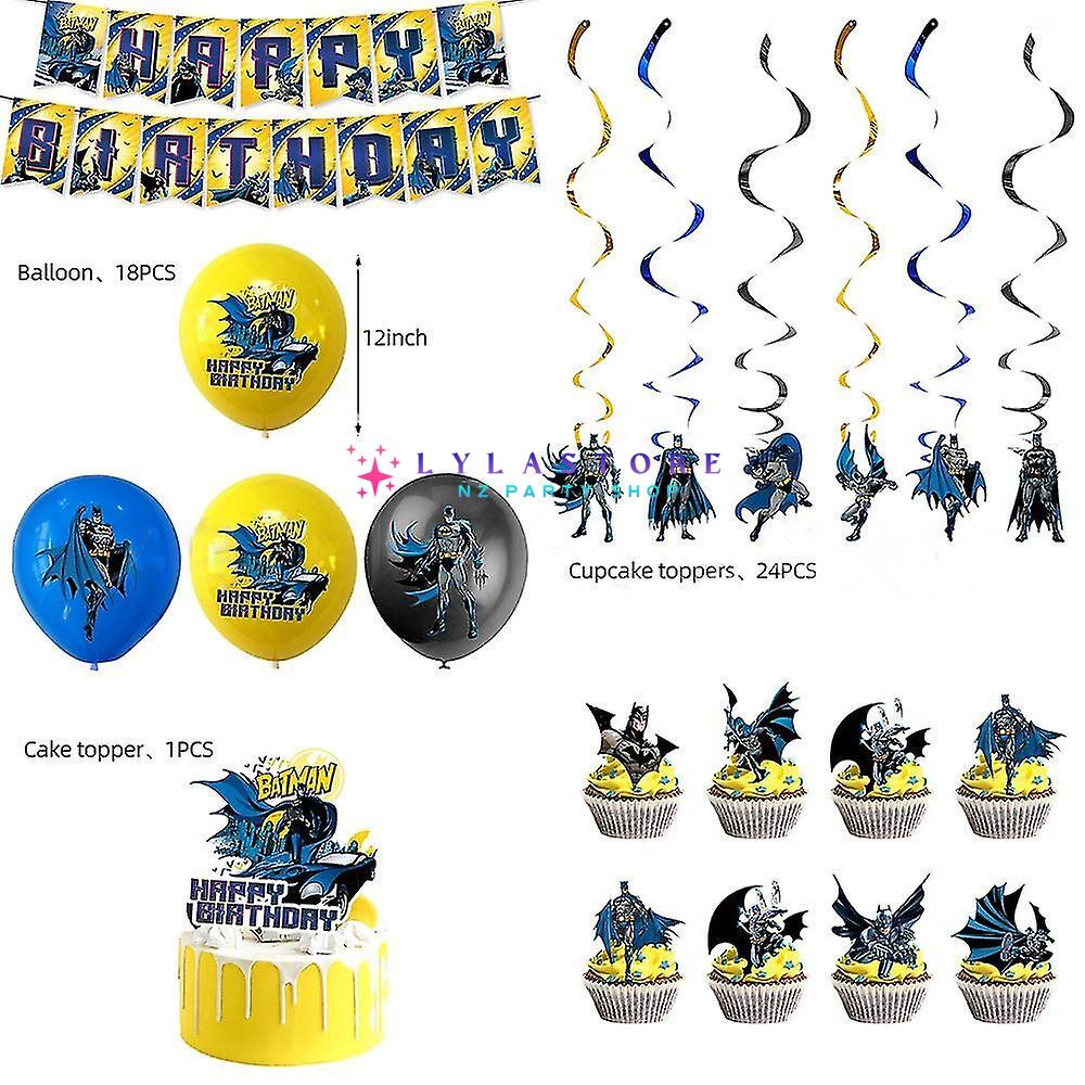 Batman Theme Party Balloon Birthday Decoration Set featuring 15 banner flags, 6 hanging swirls, 18 balloons, a large cake topper, and 24 small cake toppers. Perfect for Batman-themed parties and birthdays in Auckland, NZ. Create an exciting and heroic atmosphere for your child's special day