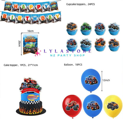 Bigfoot Monster Truck Theme Party Balloon Birthday Decoration Set featuring 15 banner flags, 18 balloons, a large cake topper, and 24 small cake toppers. Perfect for monster truck-themed parties and birthdays in Auckland, NZ. Create an exciting and memorable atmosphere for your child's special day.