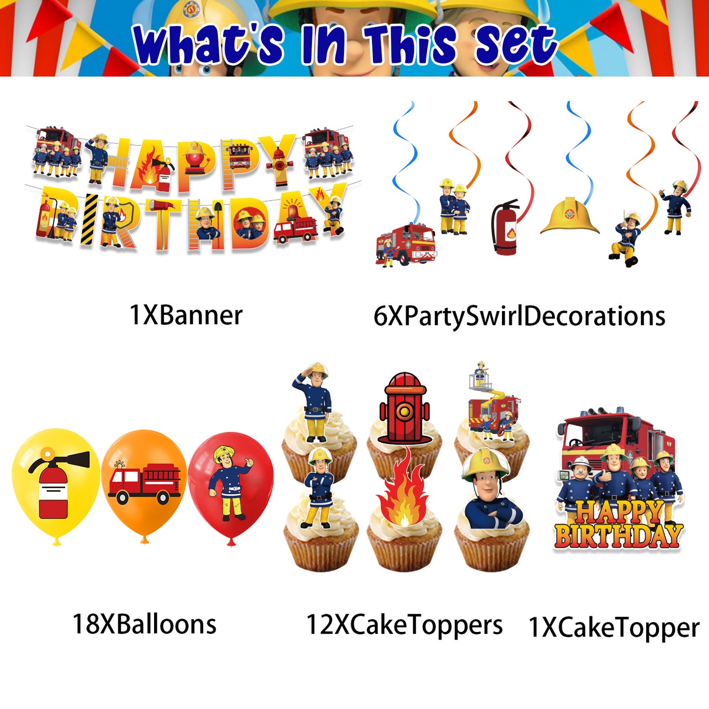 Fireman Sam Theme Party Balloon Birthday Decoration Set featuring a birthday banner, mini cake toppers, colorful balloons, a large cake topper, and spirals. Perfect for Fireman Sam-themed parties and birthdays in Auckland, NZ