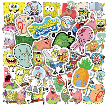 50Pcs SpongeBob SquarePants Sticker Set featuring vibrant, fun designs perfect for decorating laptops, water bottles, and notebooks - PARTYMART NZ.