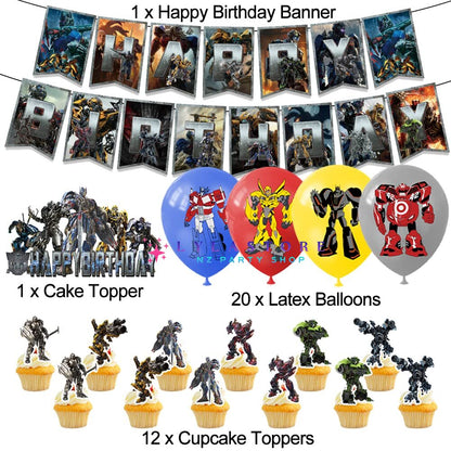 Transformers Theme Party Balloon Birthday Decoration Set featuring a birthday banner, mini cake toppers, vibrant balloons, a large cake topper, adhesive sheet, and coil. Perfect for Transformers-themed parties and birthdays in Auckland, NZ.