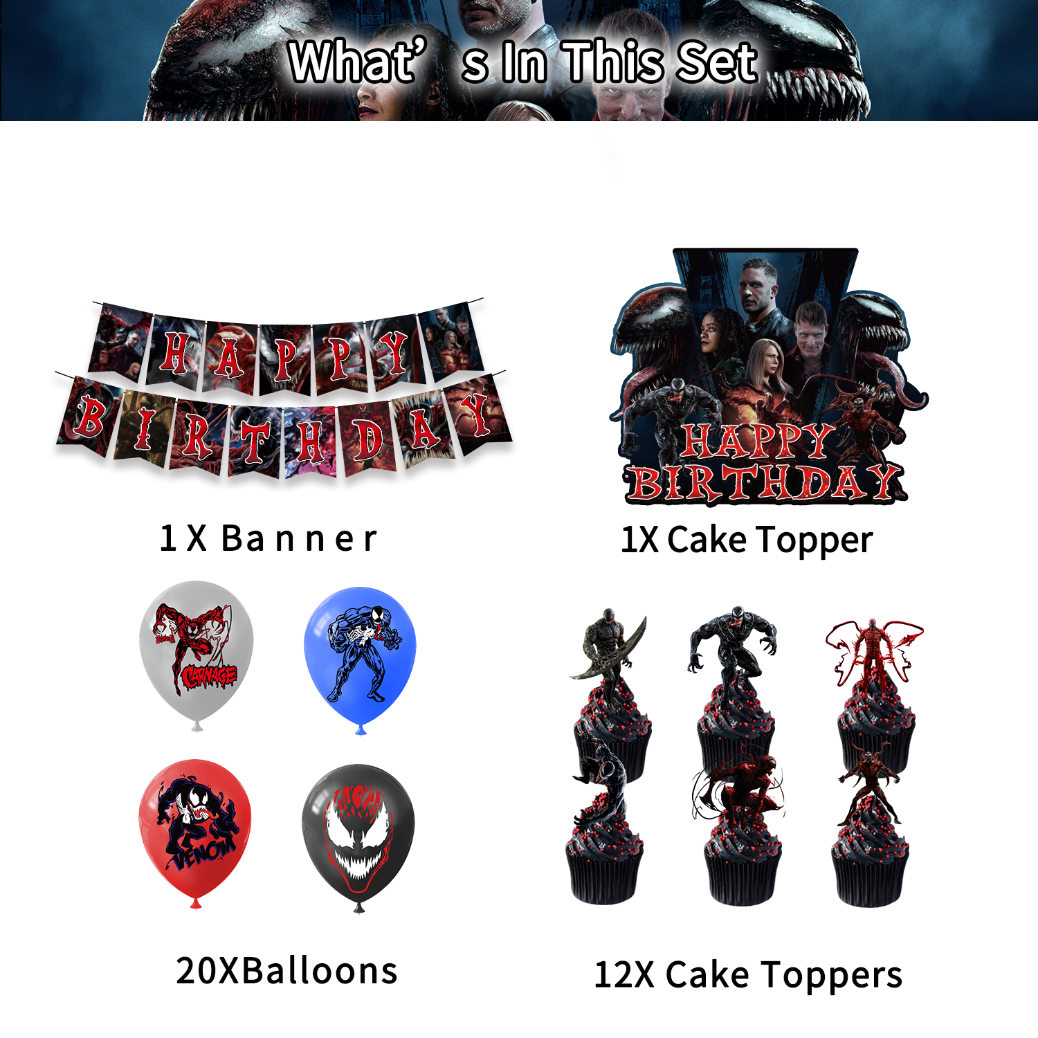 Venom Theme Party Balloon Birthday Decoration Set featuring a birthday banner, mini cake toppers, eye-catching balloons, a large cake topper, adhesive sheet, and coil. Perfect for Venom-themed parties and birthdays in Auckland, NZ