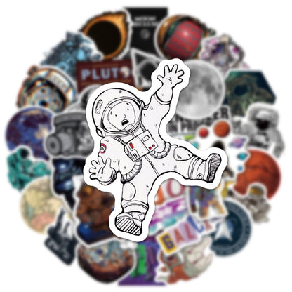 100Pcs Spaceman Sticker Set featuring vibrant, cosmic designs perfect for decorating laptops, water bottles, and notebooks - PARTYMART NZ.