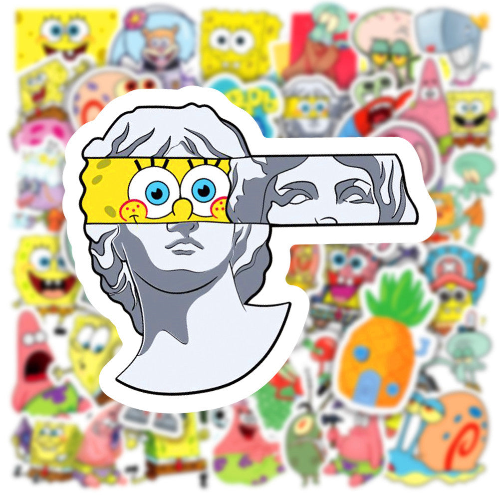 50Pcs SpongeBob SquarePants Sticker Set featuring vibrant, fun designs perfect for decorating laptops, water bottles, and notebooks - PARTYMART NZ.