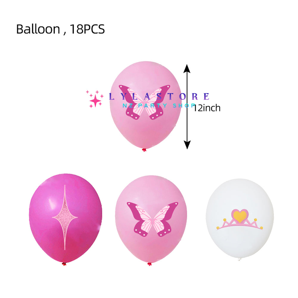 Barbie Theme Party Balloon Birthday Decoration Set featuring 15 banner flags, 18 balloons, a large cake topper, and 24 small cake toppers. Perfect for Barbie-themed parties and birthdays in Auckland, NZ. Create a magical and fun atmosphere for your child's special day.