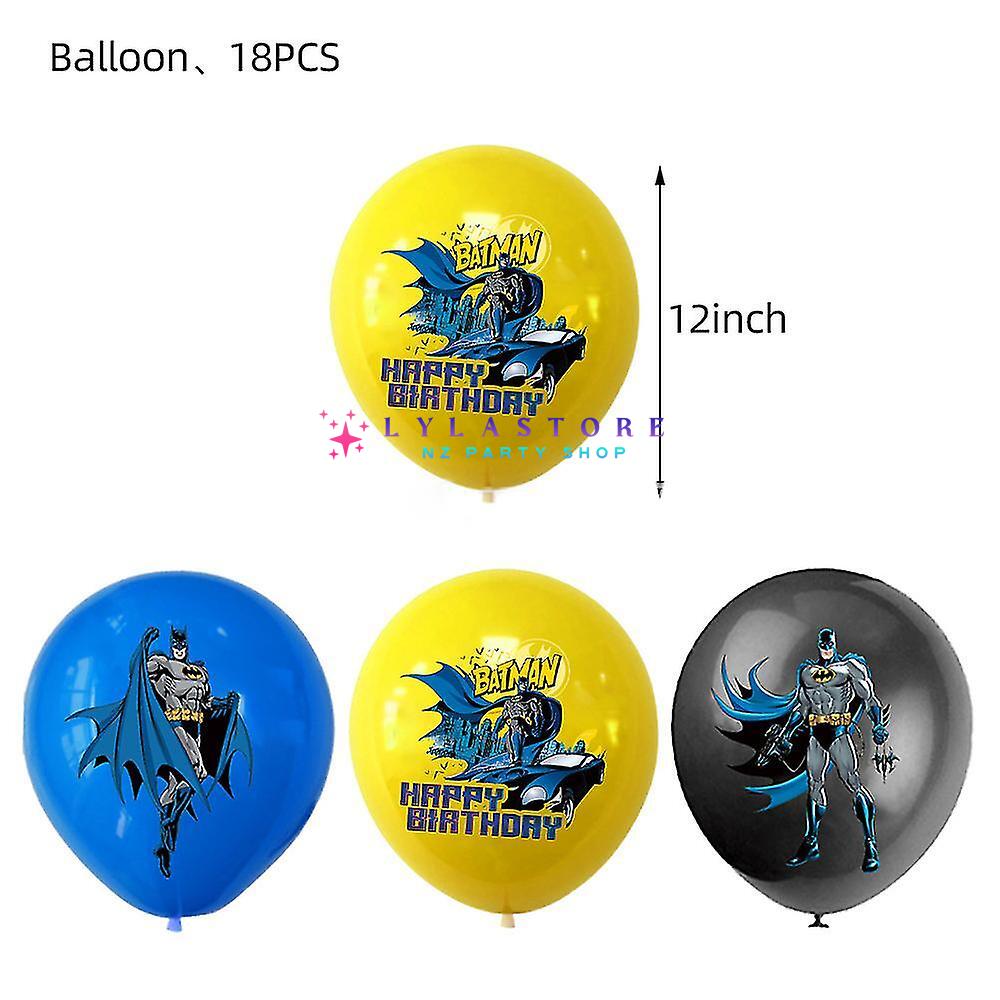 Batman Theme Party Balloon Birthday Decoration Set featuring 15 banner flags, 6 hanging swirls, 18 balloons, a large cake topper, and 24 small cake toppers. Perfect for Batman-themed parties and birthdays in Auckland, NZ. Create an exciting and heroic atmosphere for your child's special day