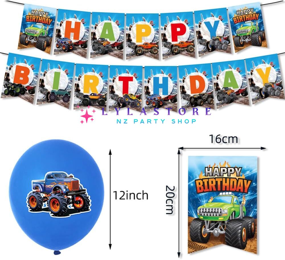 Bigfoot Monster Truck Theme Party Balloon Birthday Decoration Set featuring 15 banner flags, 18 balloons, a large cake topper, and 24 small cake toppers. Perfect for monster truck-themed parties and birthdays in Auckland, NZ. Create an exciting and memorable atmosphere for your child's special day.