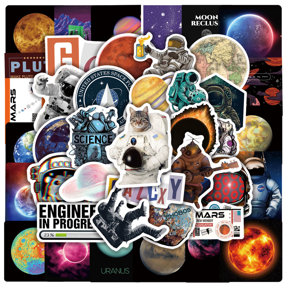 100Pcs Spaceman Sticker Set featuring vibrant, cosmic designs perfect for decorating laptops, water bottles, and notebooks - PARTYMART NZ.