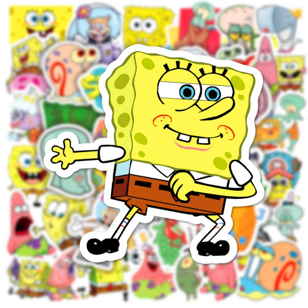 50Pcs SpongeBob SquarePants Sticker Set featuring vibrant, fun designs perfect for decorating laptops, water bottles, and notebooks - PARTYMART NZ.