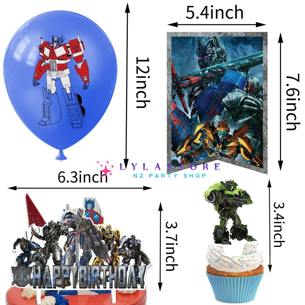 Transformers Theme Party Balloon Birthday Decoration Set featuring a birthday banner, mini cake toppers, vibrant balloons, a large cake topper, adhesive sheet, and coil. Perfect for Transformers-themed parties and birthdays in Auckland, NZ.