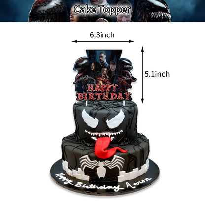 Venom Theme Party Balloon Birthday Decoration Set featuring a birthday banner, mini cake toppers, eye-catching balloons, a large cake topper, adhesive sheet, and coil. Perfect for Venom-themed parties and birthdays in Auckland, NZ