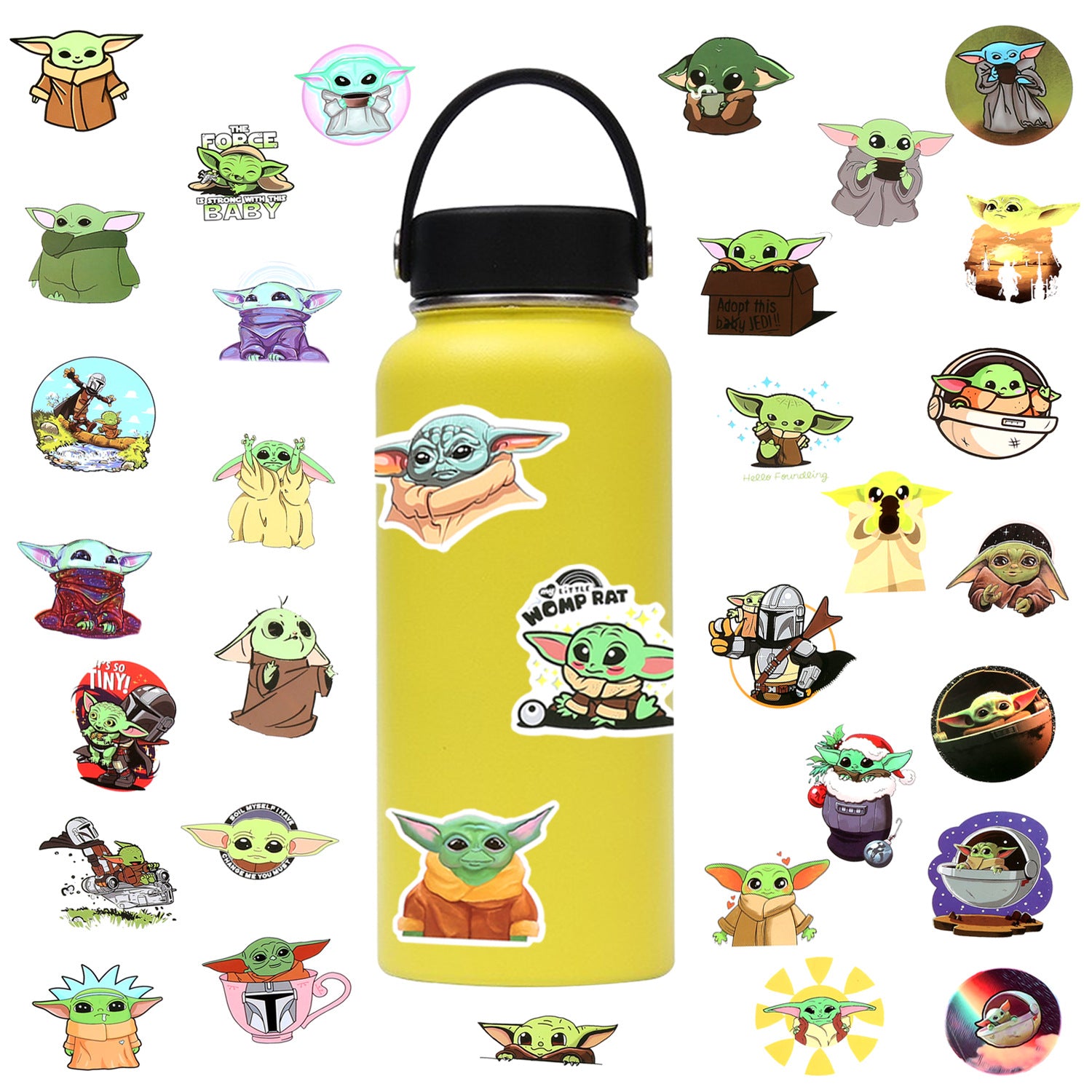 50Pcs Yoda Sticker Set featuring vibrant designs perfect for personalizing laptops, water bottles, and notebooks - PARTYMART NZ