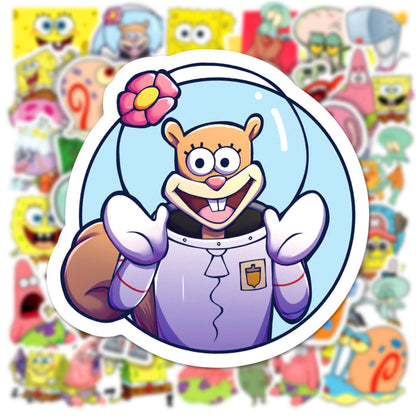 50Pcs SpongeBob SquarePants Sticker Set featuring vibrant, fun designs perfect for decorating laptops, water bottles, and notebooks - PARTYMART NZ.