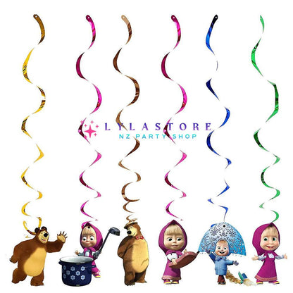 Masha The Bear Theme Party Balloon Birthday Decoration Set featuring a birthday banner, mini cake toppers, colorful balloons, a large cake topper, and Bear swirls. Perfect for Masha The Bear-themed parties and birthdays in Auckland, NZ