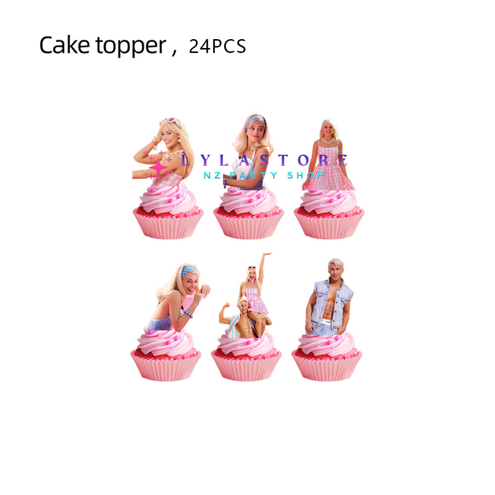 Barbie Theme Party Balloon Birthday Decoration Set featuring 15 banner flags, 18 balloons, a large cake topper, and 24 small cake toppers. Perfect for Barbie-themed parties and birthdays in Auckland, NZ. Create a magical and fun atmosphere for your child's special day.