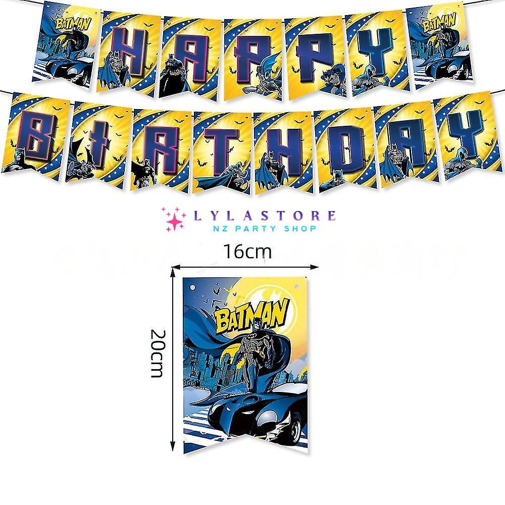 Batman Theme Party Balloon Birthday Decoration Set featuring 15 banner flags, 6 hanging swirls, 18 balloons, a large cake topper, and 24 small cake toppers. Perfect for Batman-themed parties and birthdays in Auckland, NZ. Create an exciting and heroic atmosphere for your child's special day