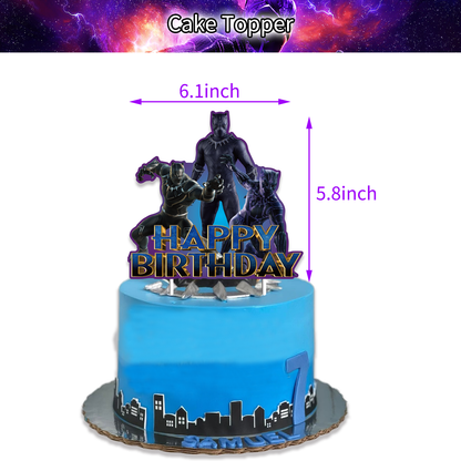 Black Panther Avengers Theme Party Balloon Birthday Decoration Set featuring a birthday banner, mini cake toppers, dynamic balloons, a large cake topper, adhesive sheet, and coil. Perfect for Black Panther-themed parties and birthdays in Auckland, NZ