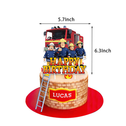 Fireman Sam Theme Party Balloon Birthday Decoration Set featuring a birthday banner, mini cake toppers, colorful balloons, a large cake topper, and spirals. Perfect for Fireman Sam-themed parties and birthdays in Auckland, NZ