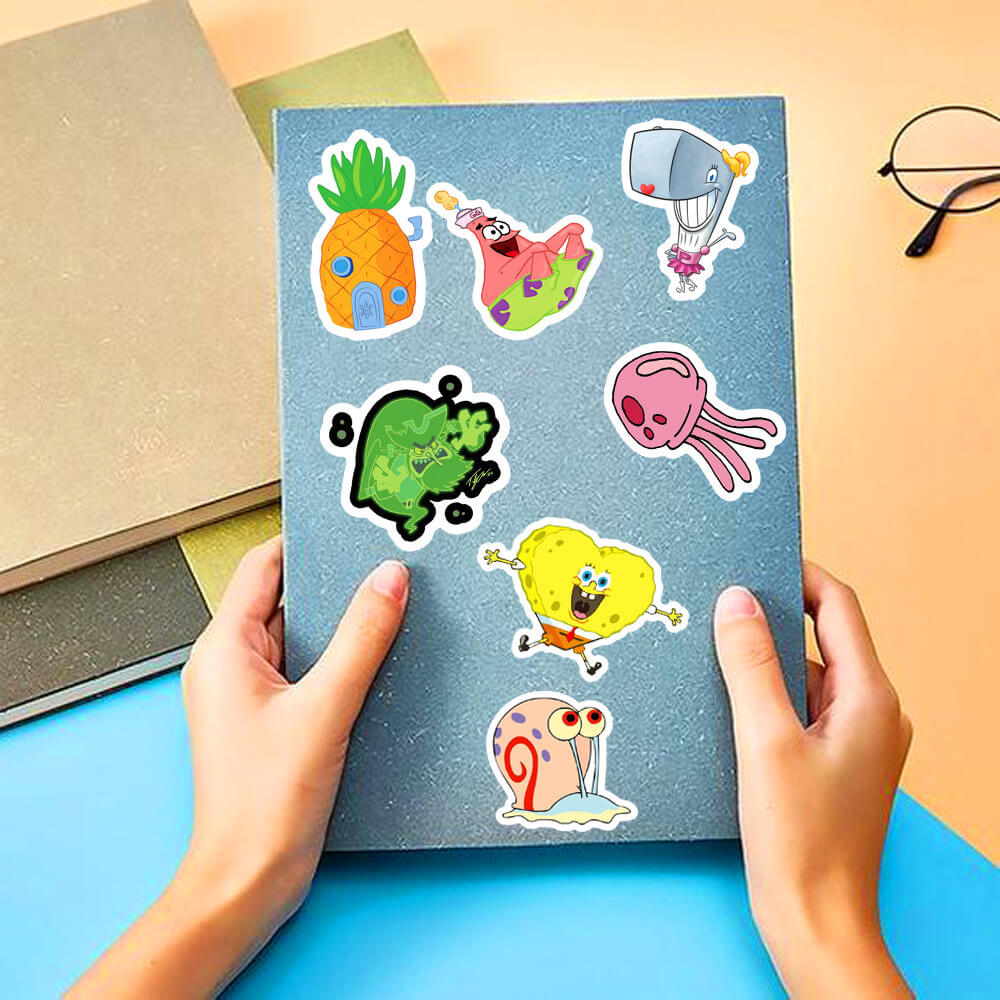 50Pcs SpongeBob SquarePants Sticker Set featuring vibrant, fun designs perfect for decorating laptops, water bottles, and notebooks - PARTYMART NZ.