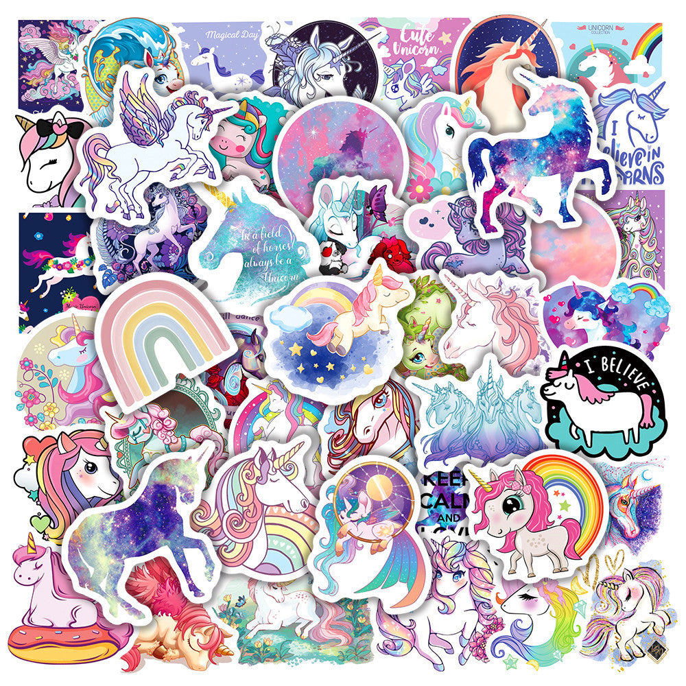 100Pcs Unicorn Cartoon Sticker Set featuring vibrant, whimsical designs perfect for decorating laptops, water bottles, and notebooks - PARTYMART NZ