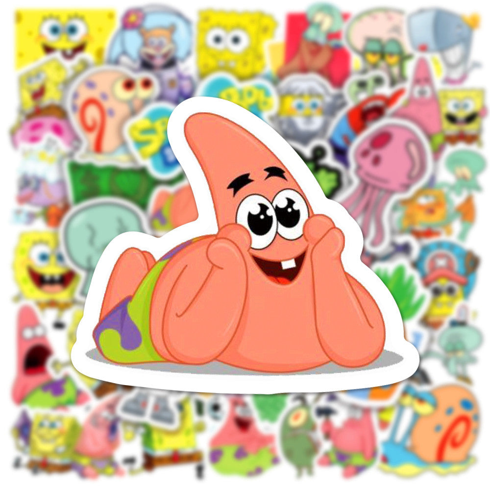 50Pcs SpongeBob SquarePants Sticker Set featuring vibrant, fun designs perfect for decorating laptops, water bottles, and notebooks - PARTYMART NZ.