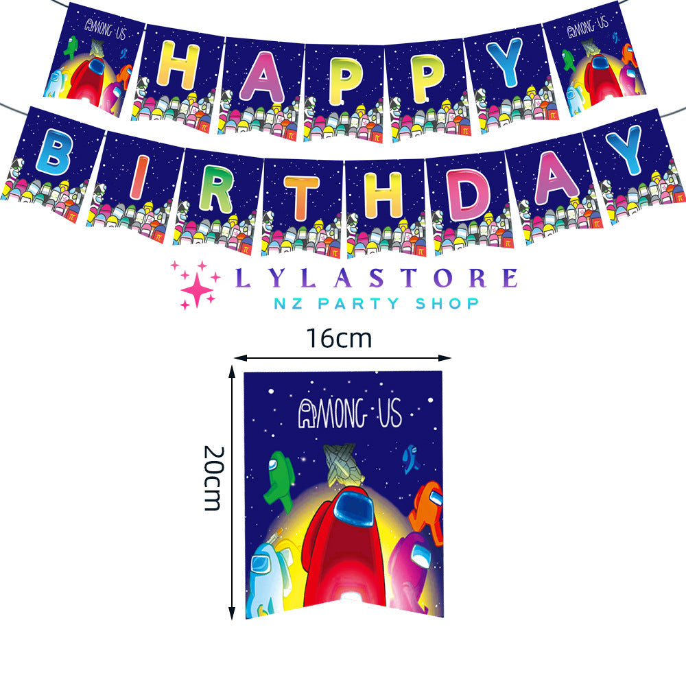 Among Us Theme Party Balloon Birthday Decoration Set featuring 15 banner flags, 15 balloons, a large cake topper, and 24 small cake toppers. Perfect for Among Us-themed parties and birthdays in Auckland, NZ. Create an intergalactic and fun atmosphere for your child's special day.