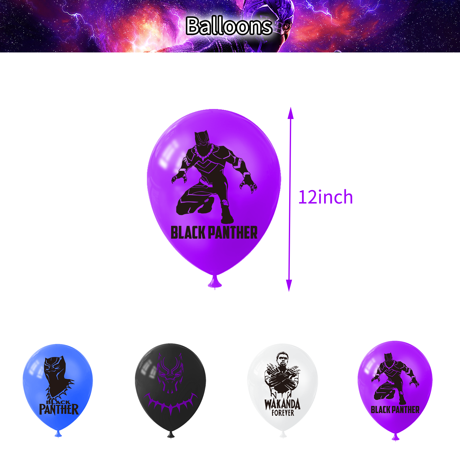 Black Panther Avengers Theme Party Balloon Birthday Decoration Set featuring a birthday banner, mini cake toppers, dynamic balloons, a large cake topper, adhesive sheet, and coil. Perfect for Black Panther-themed parties and birthdays in Auckland, NZ