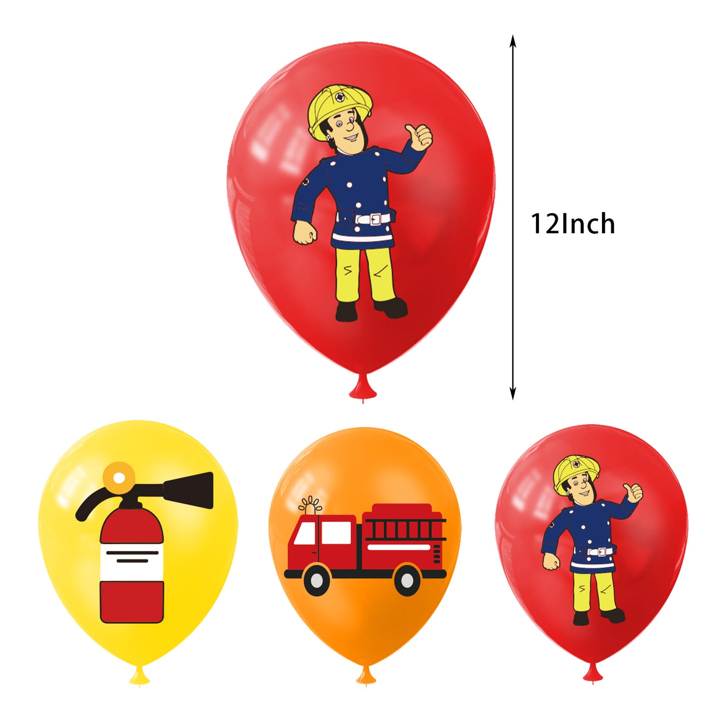 Fireman Sam Theme Party Balloon Birthday Decoration Set featuring a birthday banner, mini cake toppers, colorful balloons, a large cake topper, and spirals. Perfect for Fireman Sam-themed parties and birthdays in Auckland, NZ