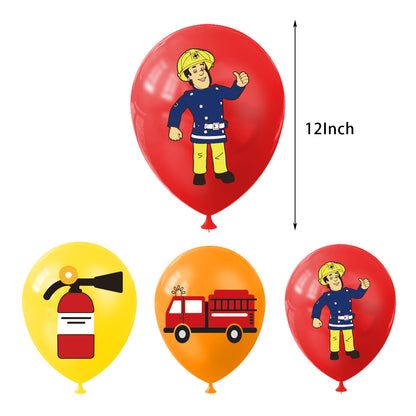 Fireman Sam Theme Party Balloon Birthday Decoration Set featuring a birthday banner, mini cake toppers, colorful balloons, a large cake topper, and spirals. Perfect for Fireman Sam-themed parties and birthdays in Auckland, NZ