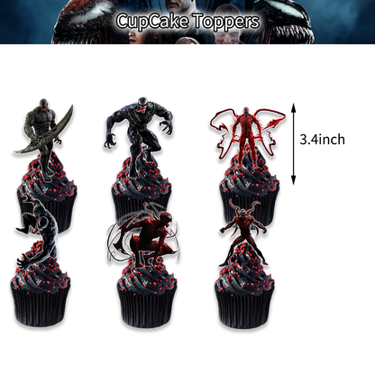 Venom Theme Party Balloon Birthday Decoration Set featuring a birthday banner, mini cake toppers, eye-catching balloons, a large cake topper, adhesive sheet, and coil. Perfect for Venom-themed parties and birthdays in Auckland, NZ